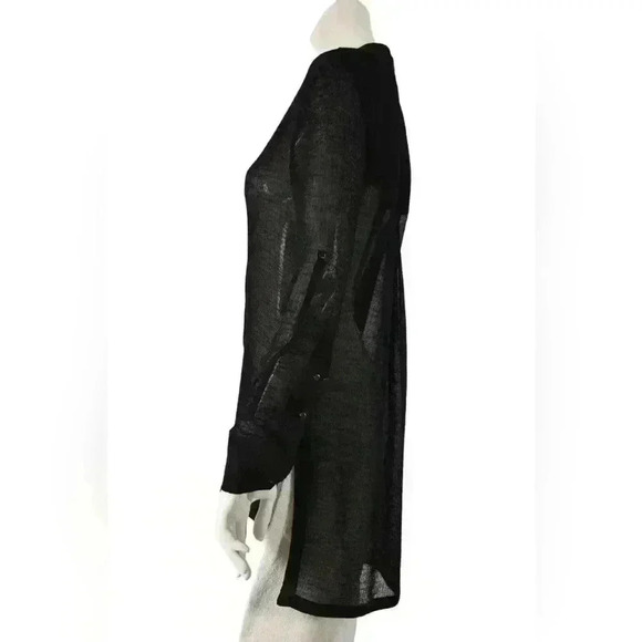 HELMUT LANG Black Sheer Crinkle Rolled 100% Silk Long Top Blouse Small 2/4  USA - Picture 2 of 8